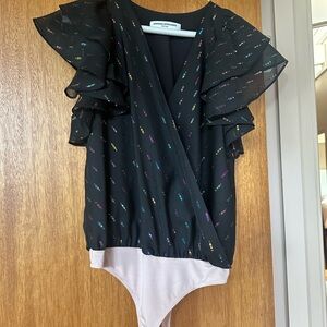 Black Ruffled Top with Multicolor Accents